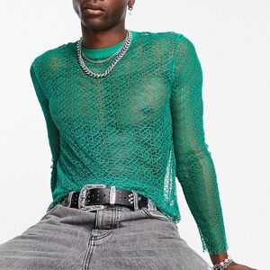 Long Sleeve T Shirt in Green Lace